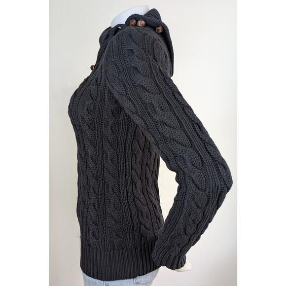 Ralph Lauren Womens Sweater Small Black Cable Knit Turtleneck Leather Buttons - Picture 5 of 10
